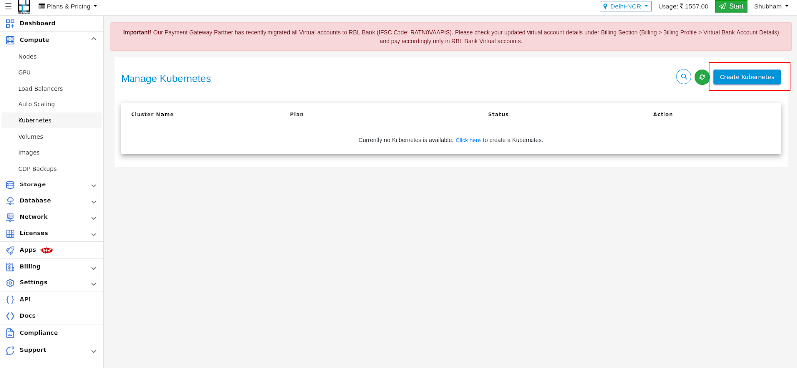 E2E Cloud Myaccount portal- Kubernetes Dashboard, Creating a cluster
