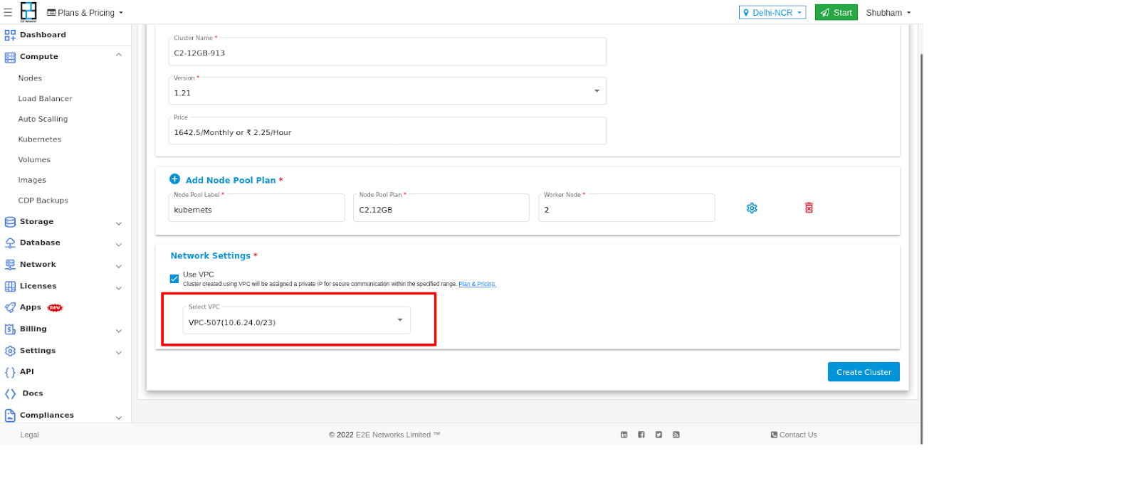 E2E Cloud, Myaccount Portal, Kubernetes Dashboard