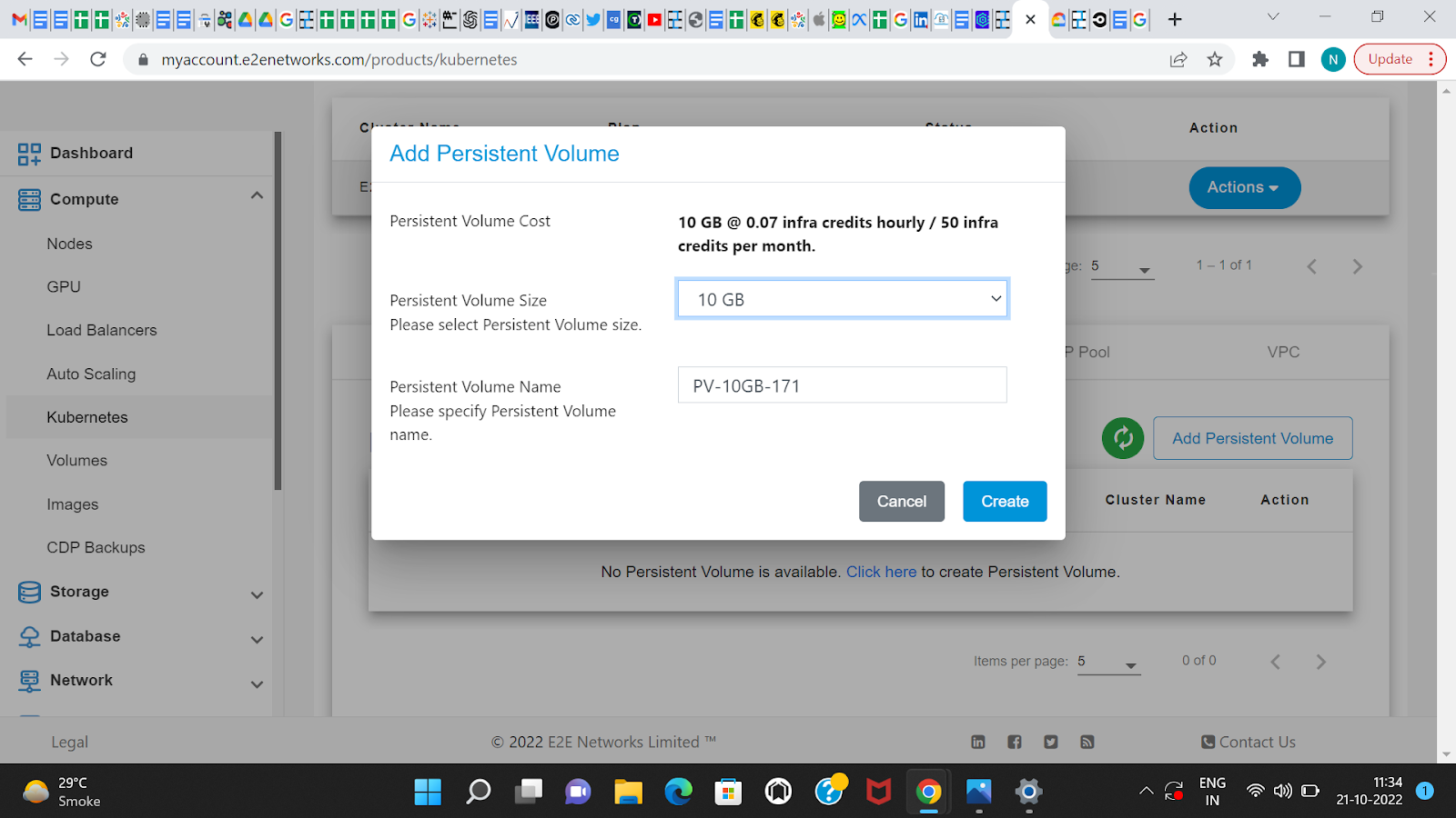 E2E Cloud, Myaccount Portal, Kubernetes dashboard, Persistent Volume