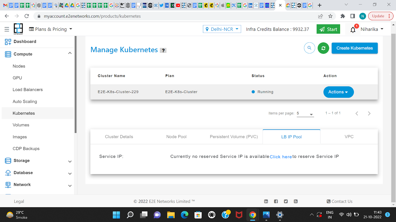 E2E Cloud, Myaccount Portal, Kubernetes Dashboard, LB IP Pool