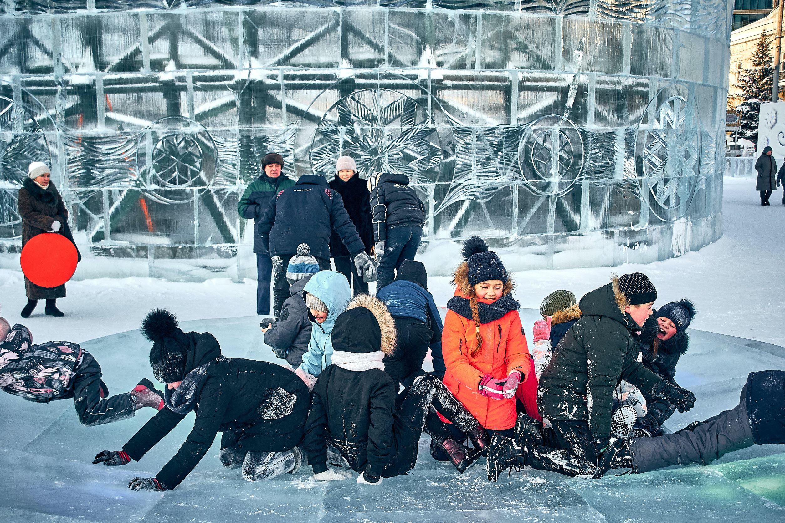 Children playing on ice