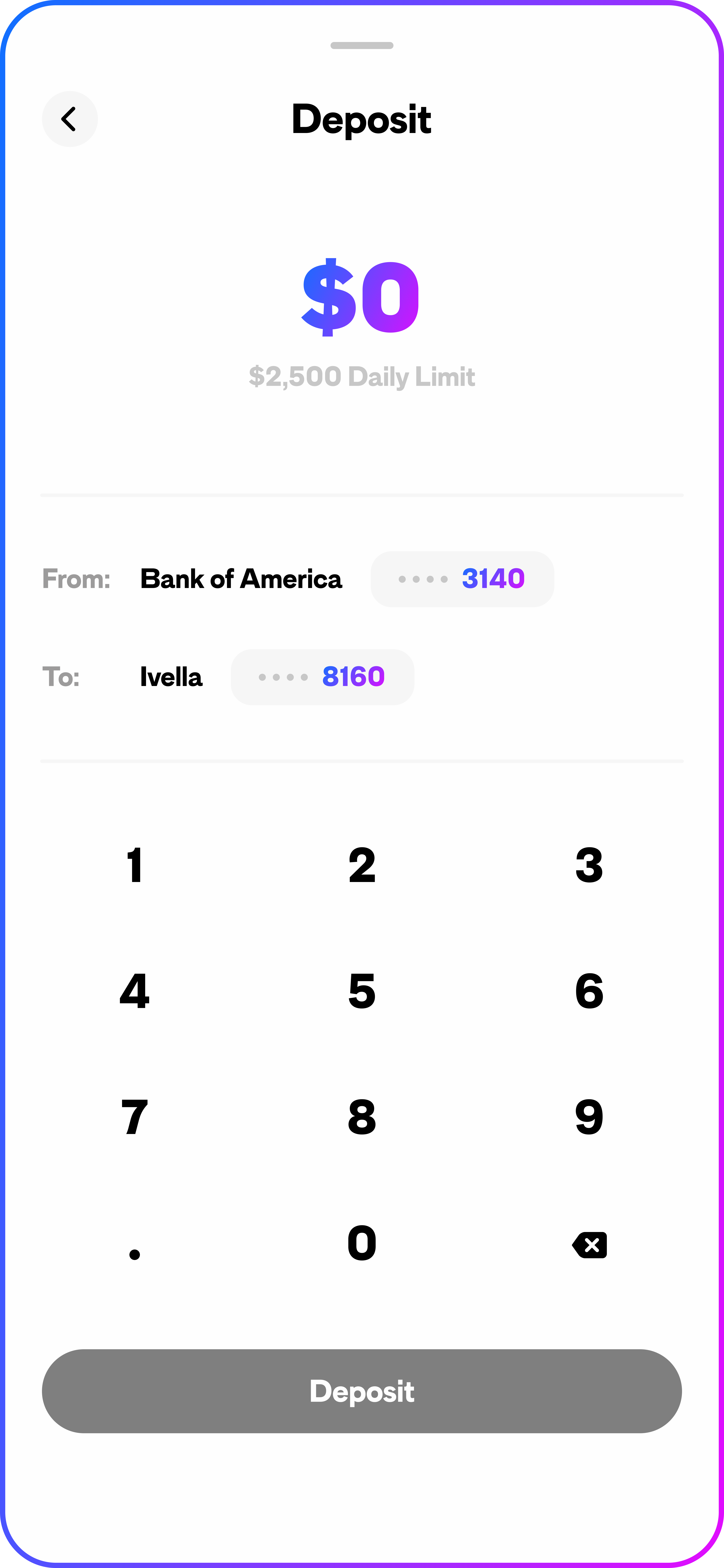 A light mode screenshot of the deposit screen.