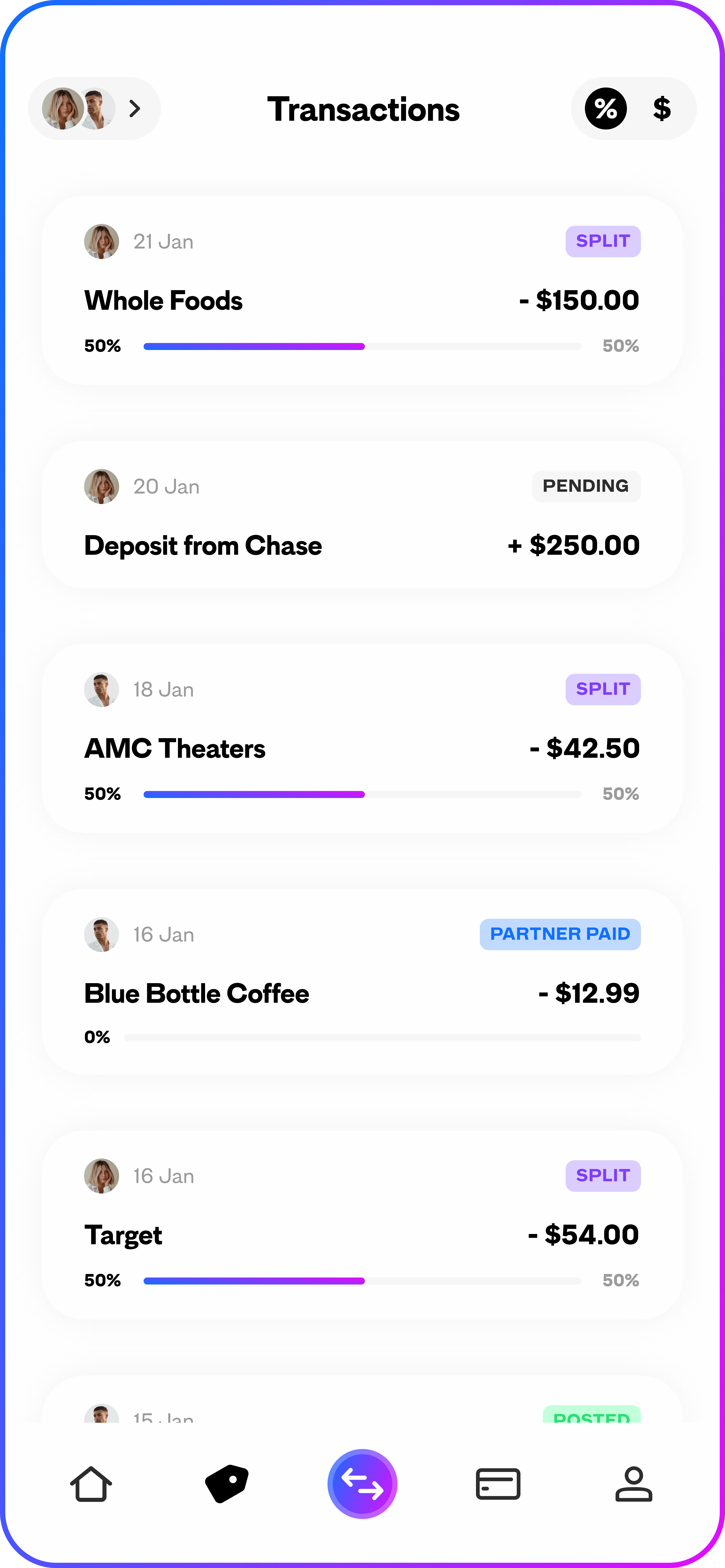 A light mode screenshot of the transactions screen.