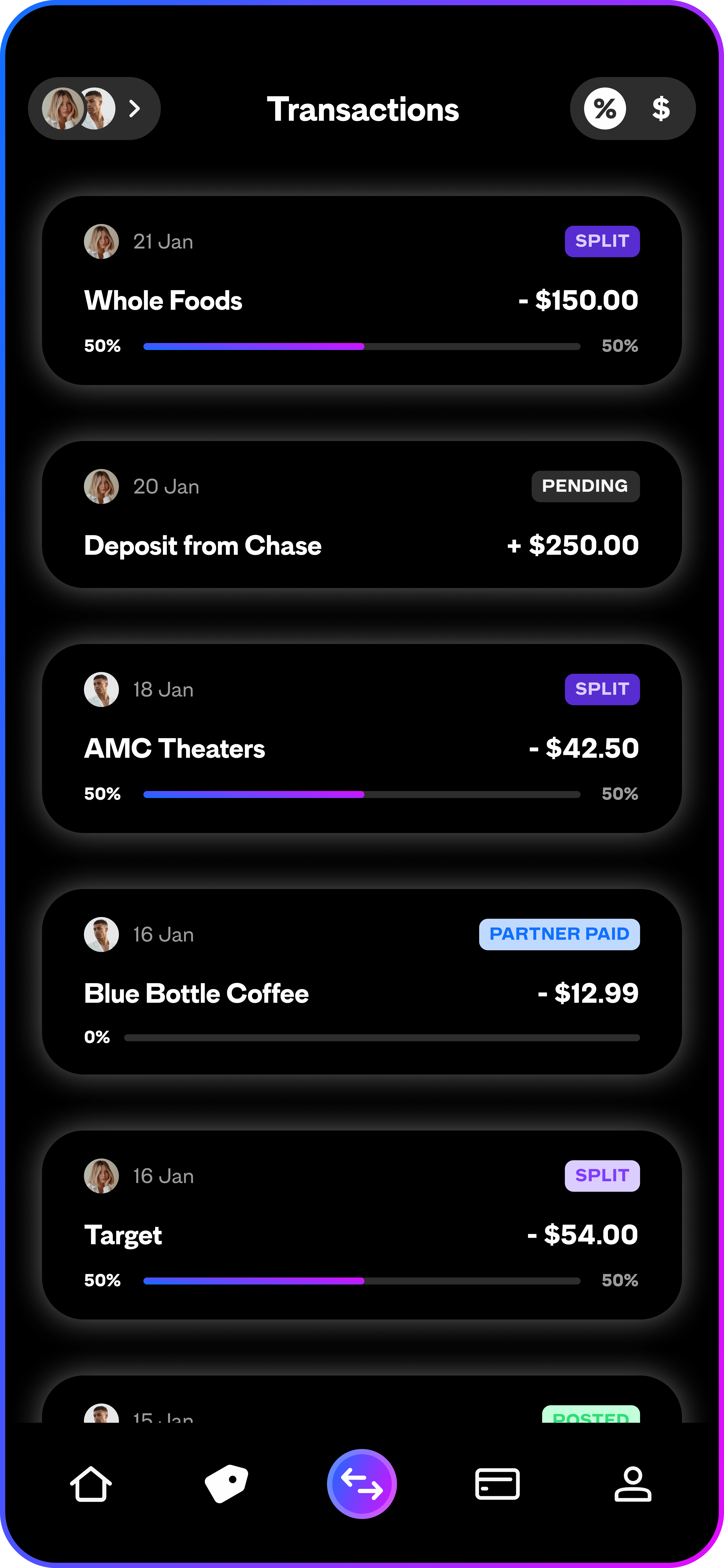 A dark mode screenshot of the transactions screen.
