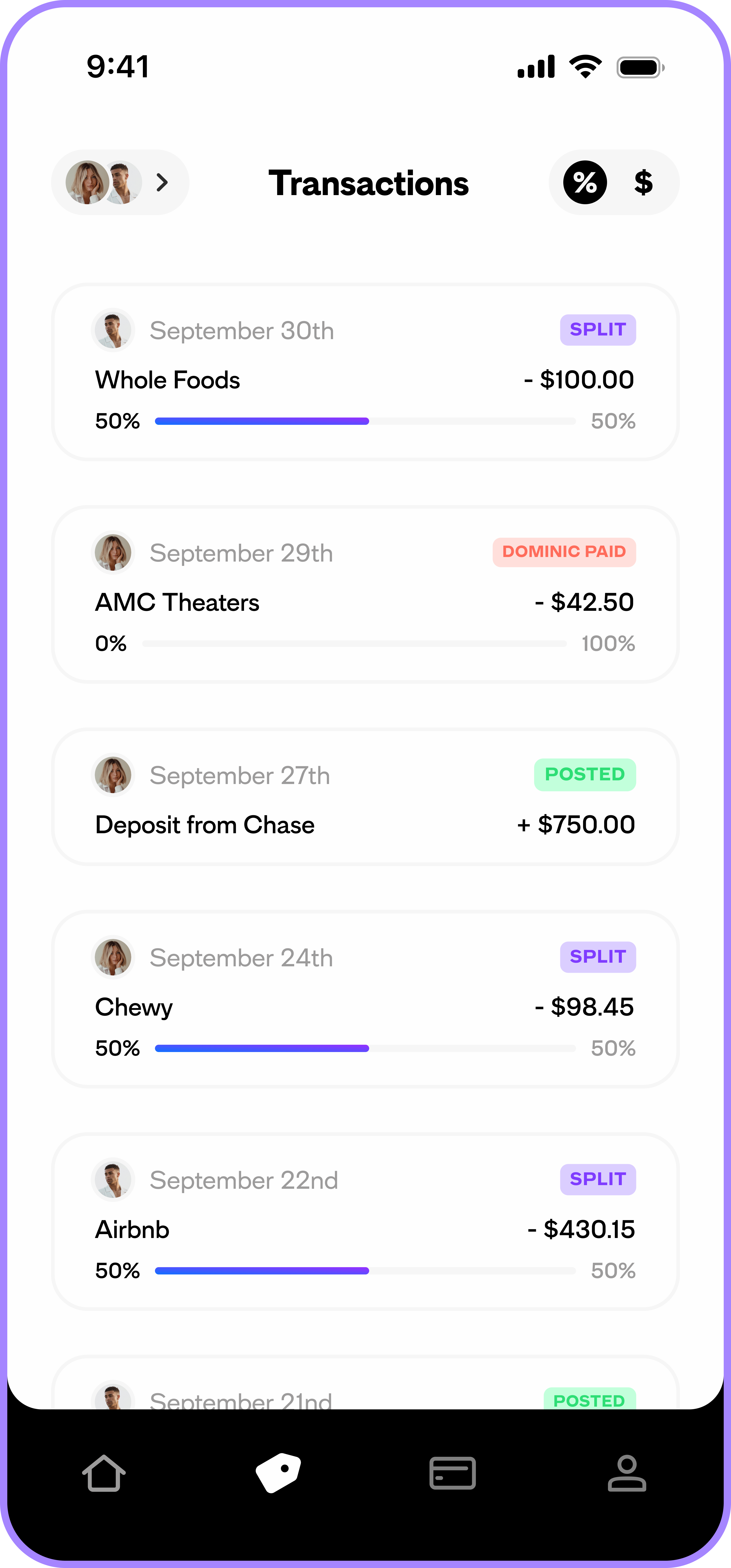 A light mode screenshot of the transactions screen.