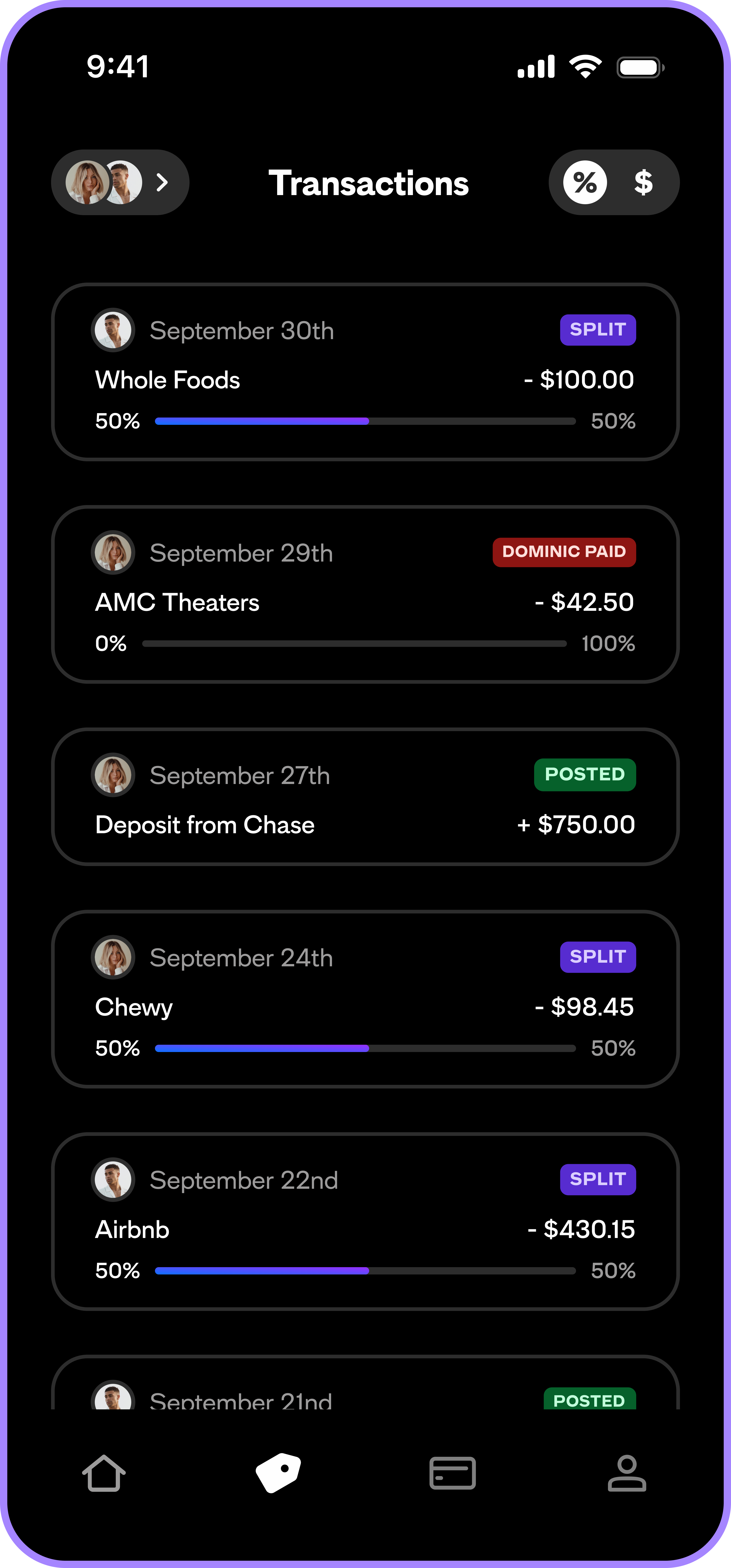 A dark mode screenshot of the transactions screen.