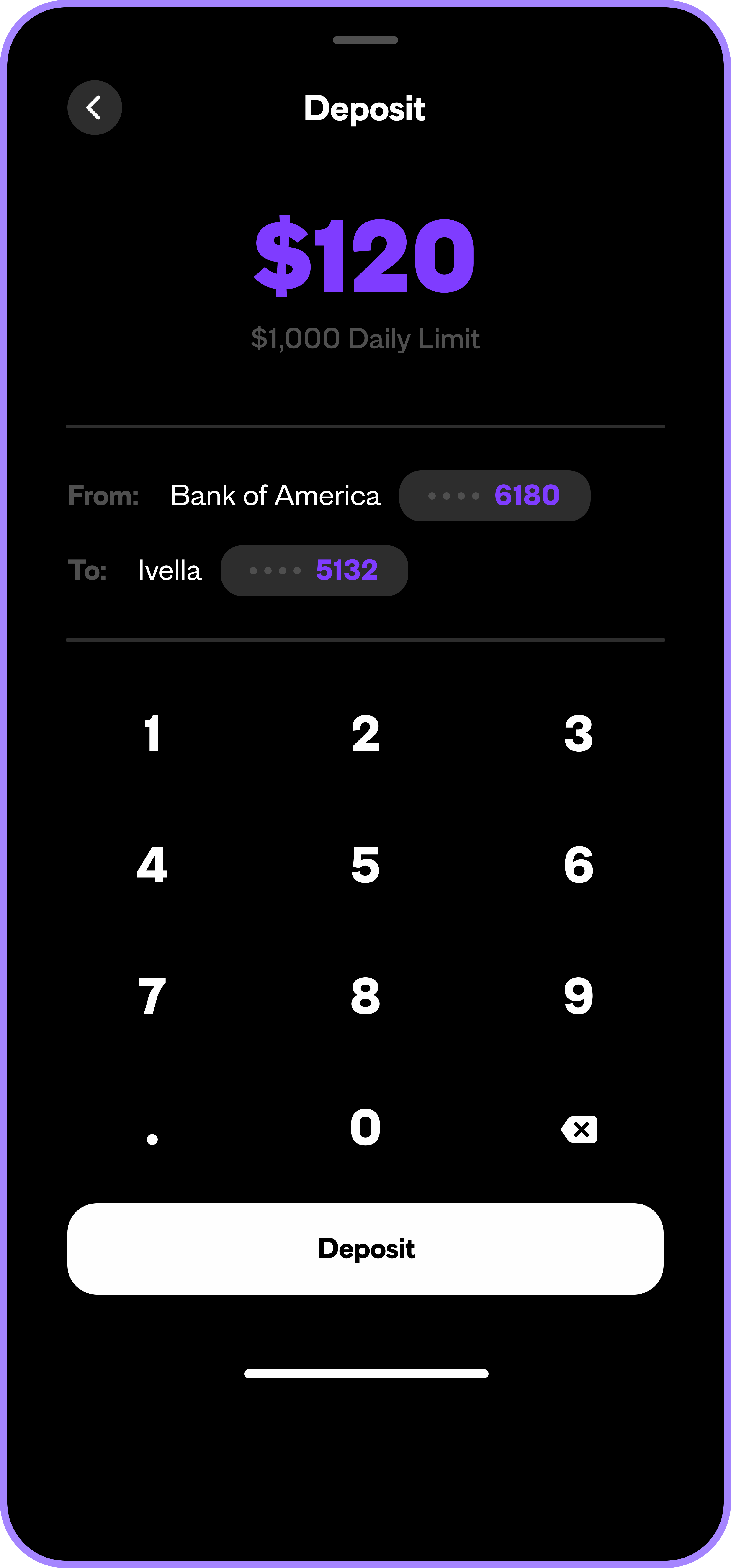 A dark mode screenshot of the deposit screen.