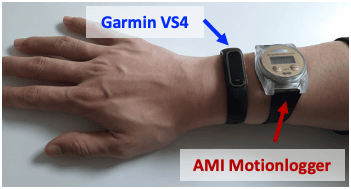 Motionlogger and Vivosmart 4 on the participant's right wrist during sleep