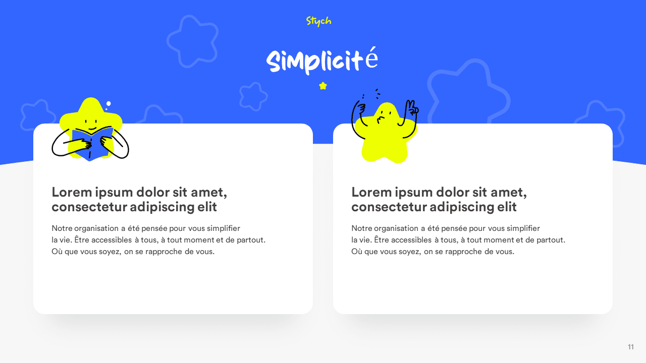 template slide Stych avec 2 blocs et illustration jaunes avec bandeau bleu titre