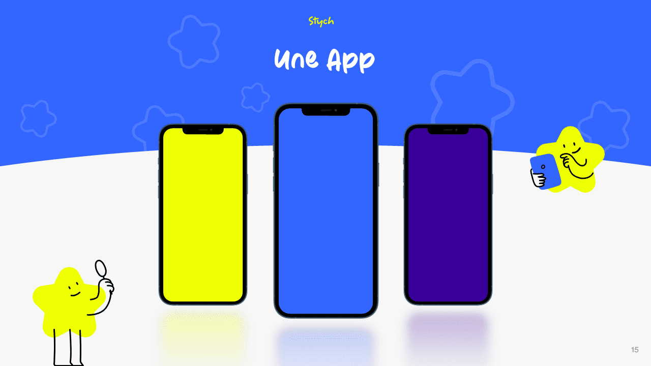 template avec mock-up téléphones et illustrations jaunes et bandeau titre fond bleu