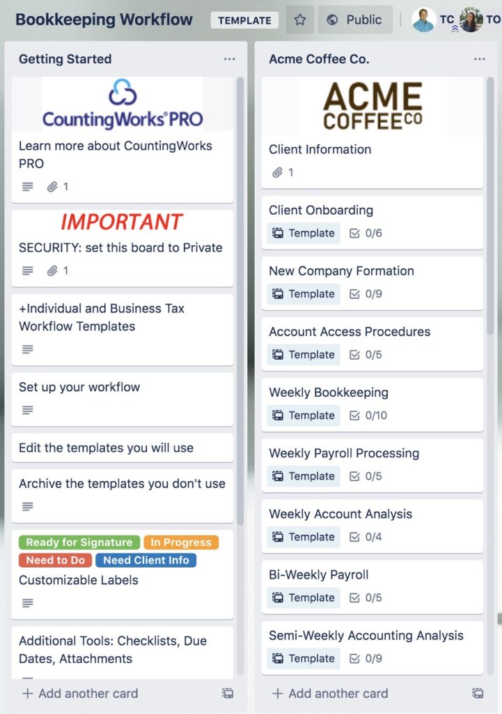 Bookkeeping Trello workflow example