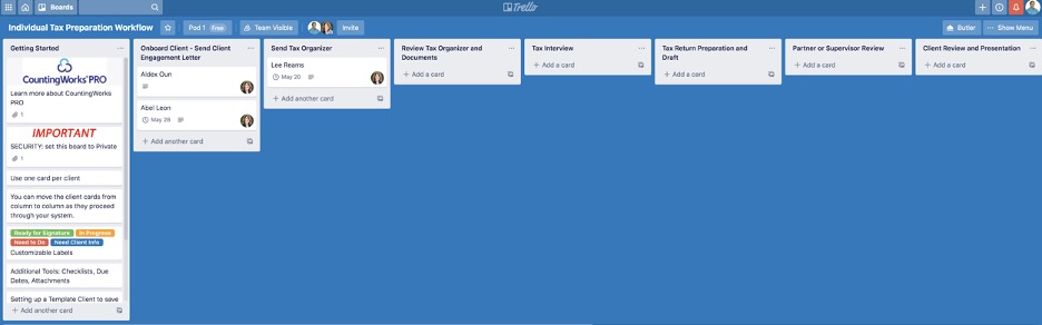 Example of Trello "board" - digital workflow organization