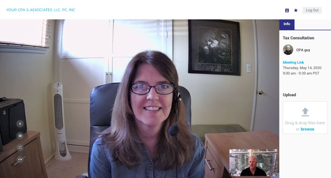 Screenshot of video chat, woman smiling