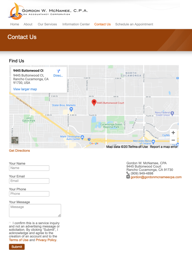 Screen shot of website contact form for Gordon McNamee