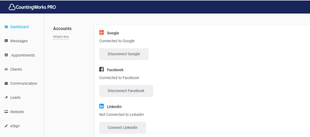 Screenshot of CountingWorks PRO portal, connecting account to Google