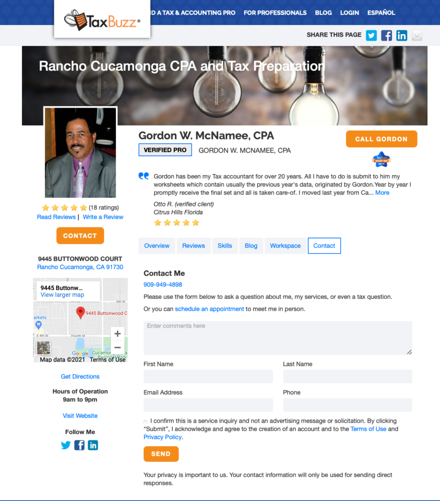Screenshot of TaxBuzz profile for Gordon McNamee