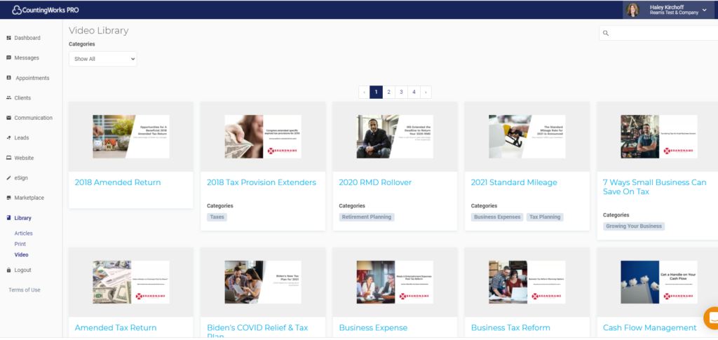 Screenshot of CountingWorks PRO portal: YouTube Video library options