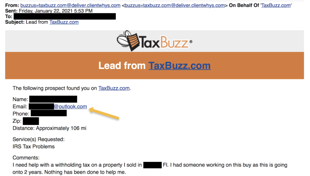 Example email of TaxBuzz lead