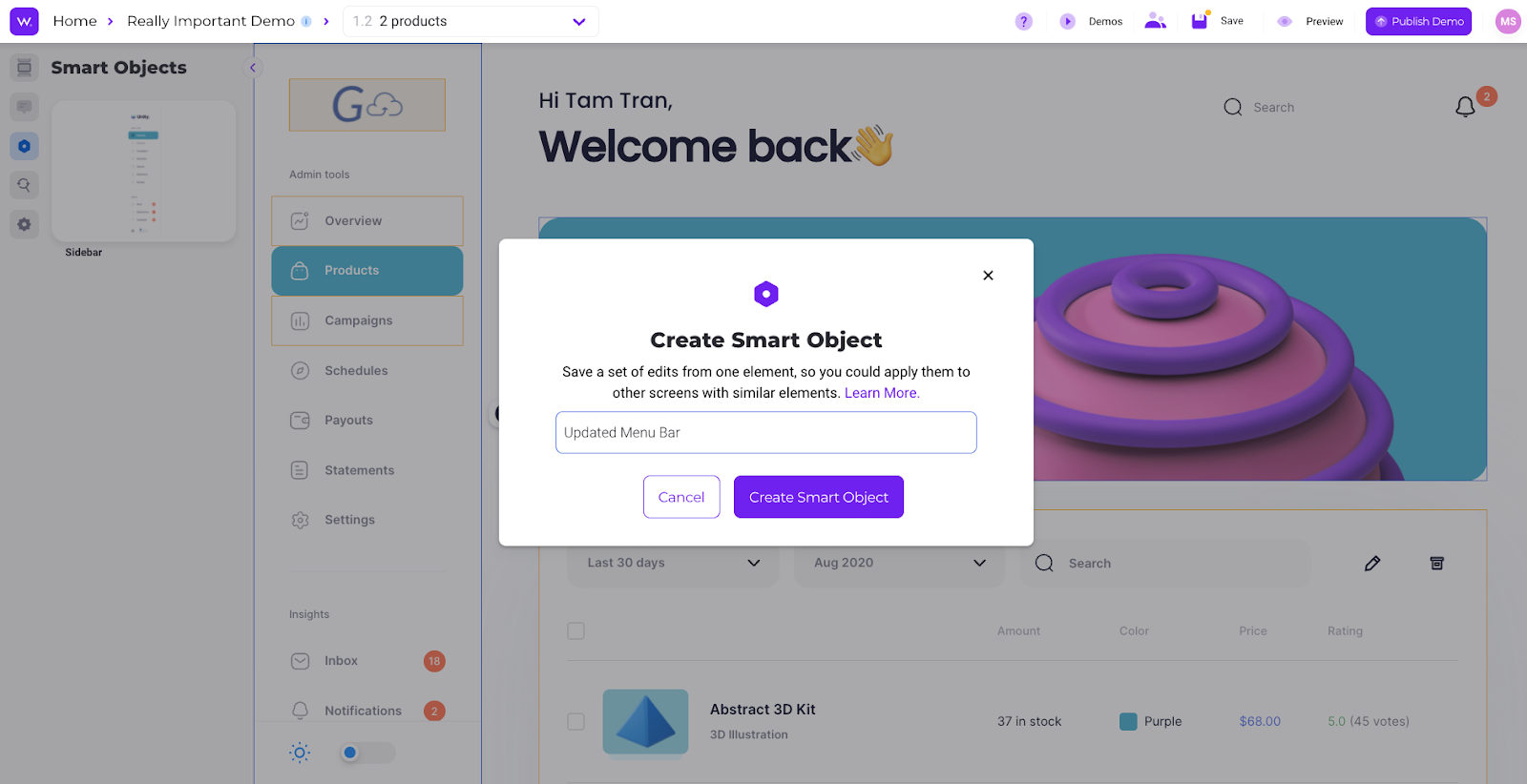 name smart objects page walnut