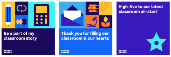 three social media sample posts that include teacher messages and school related icons