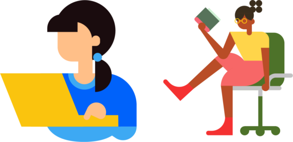 2D characters that represent teachers, one is using a laptop and one is sitting on a chair reading