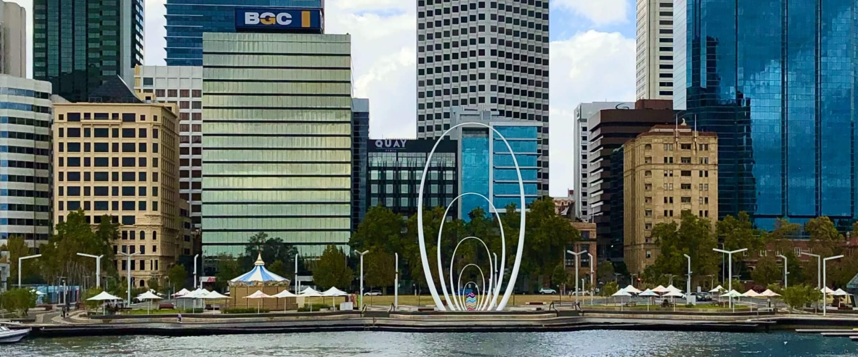 Elizabeth Quay with Spanda Sculpture in foreground and Perth CBD