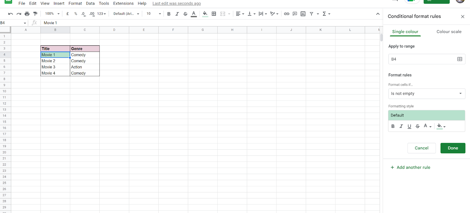 Conditional Formatting If Another Cell Contains Text in Sheets