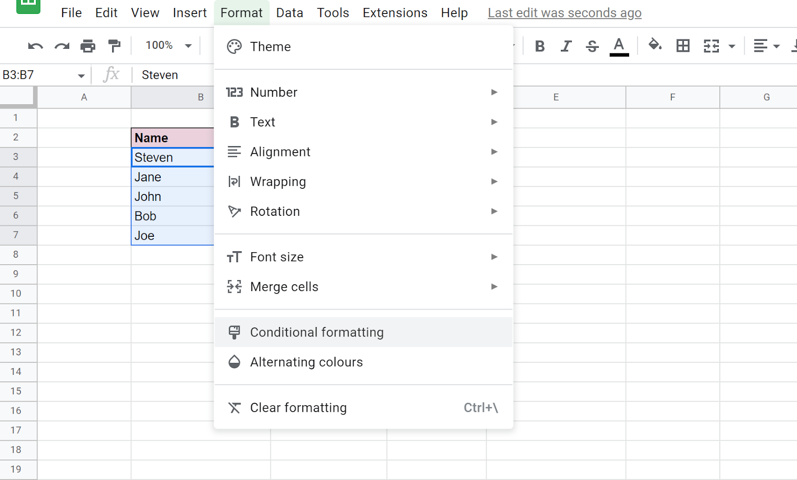 Conditional Formatting Based on Another Column in Google Sheets