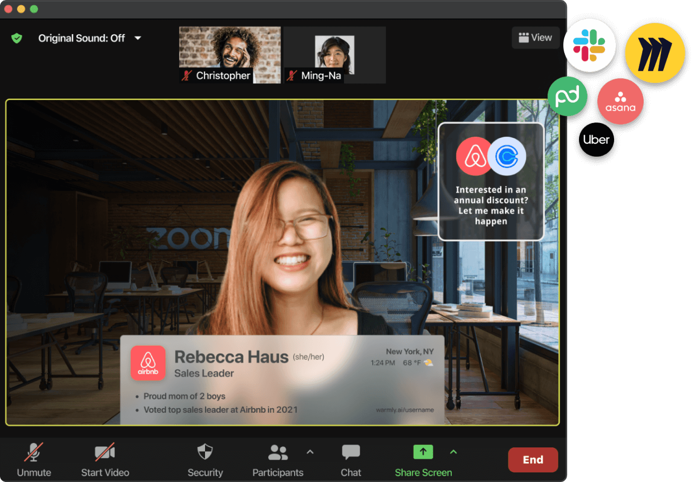 People on a Zoom call with personalized nametags by Warmly