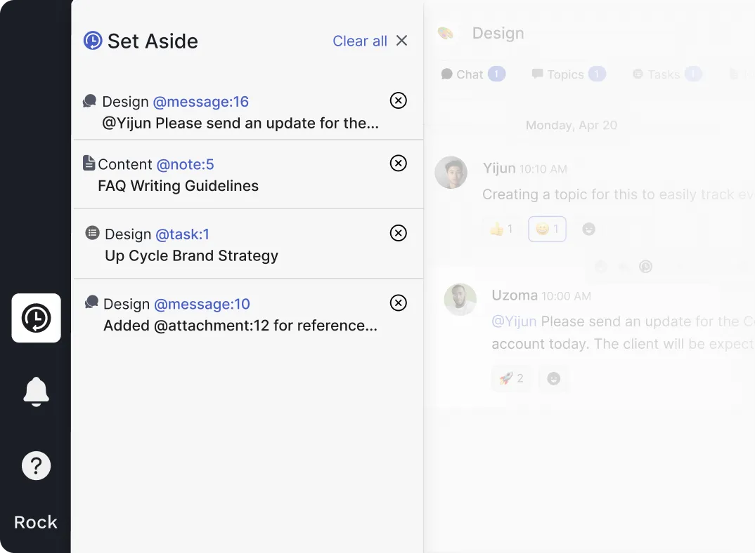 Dedicated Set Aside functionality panel where users can store chat messages, tasks, notes, files and meetings.