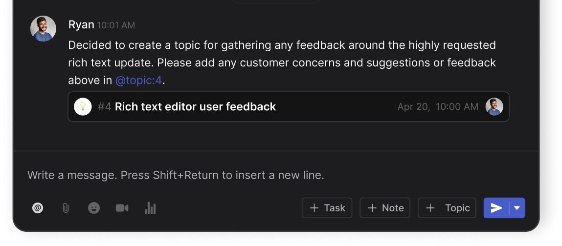 Chat interface displaying a user message