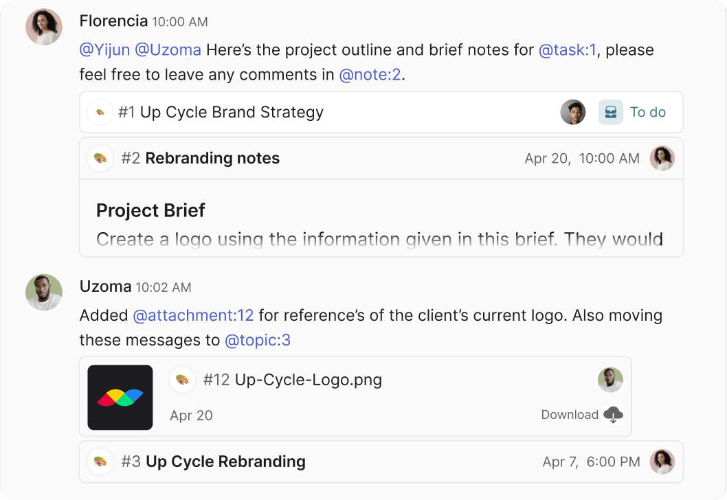 Different users using the @mention feature on Rock to quickly link to relevant tasks and notes