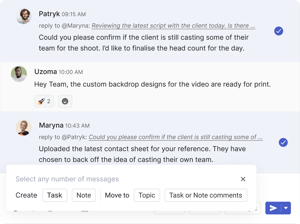 Multiple messages in a space selected to be moved into a new task, note, topic or comment