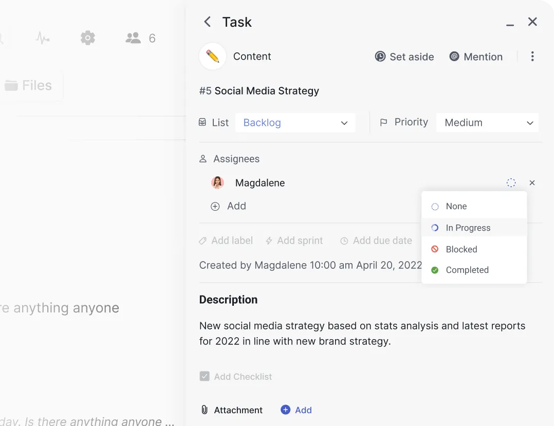 Task example with user status, assignees, lists, descriptions and more highlighting asynchronous project management functionality on Rock