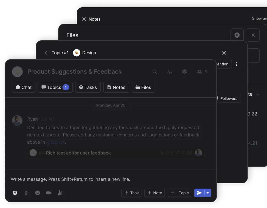 Panels from chat, topics, notes, calls and more highlighting multi-modal functionality