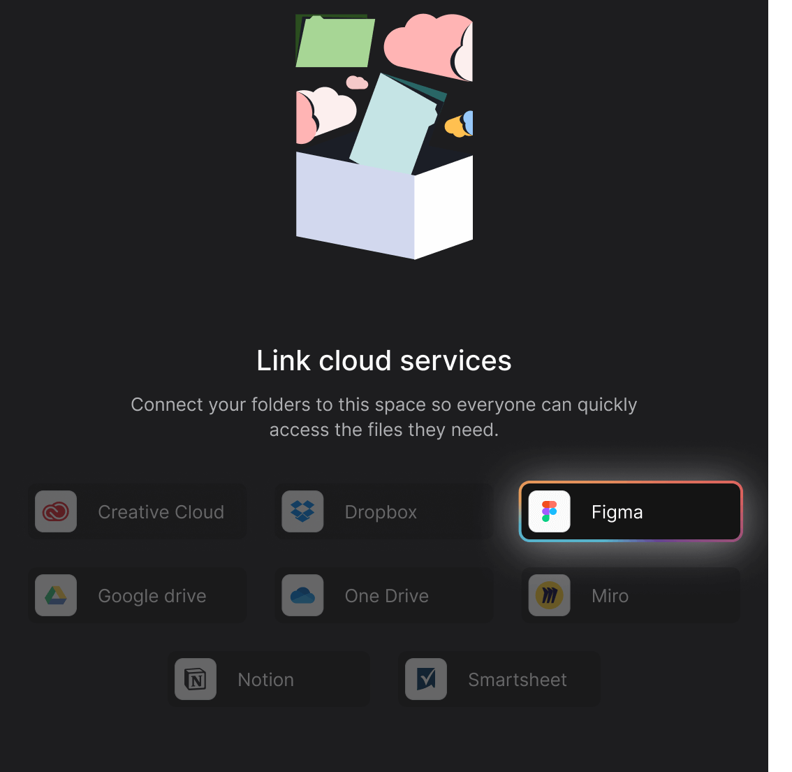 Cloud file integrations panel with Figma integration highlight
