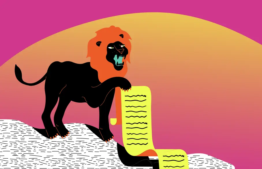 Un lion qui tient un parchemin sur un fond rose orange