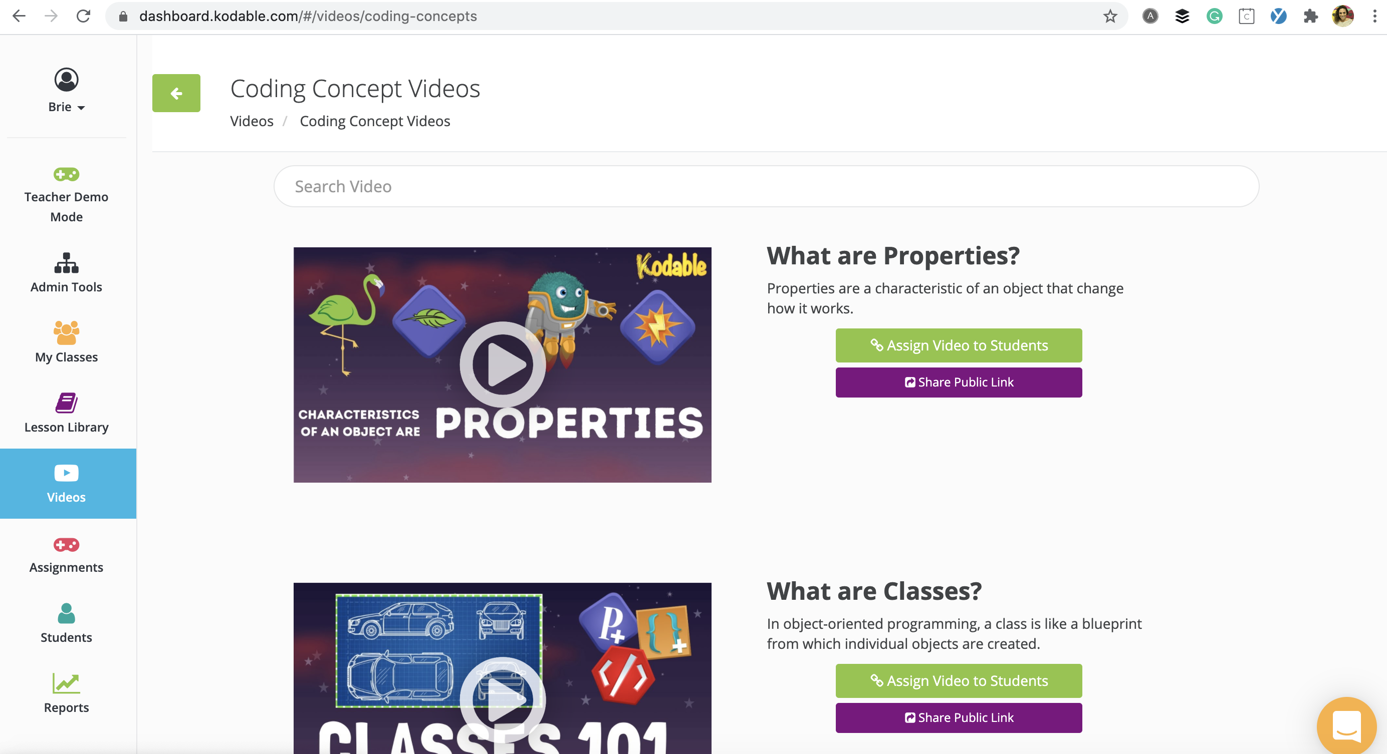 You can assign and then view the videos from your teacher dashboard.