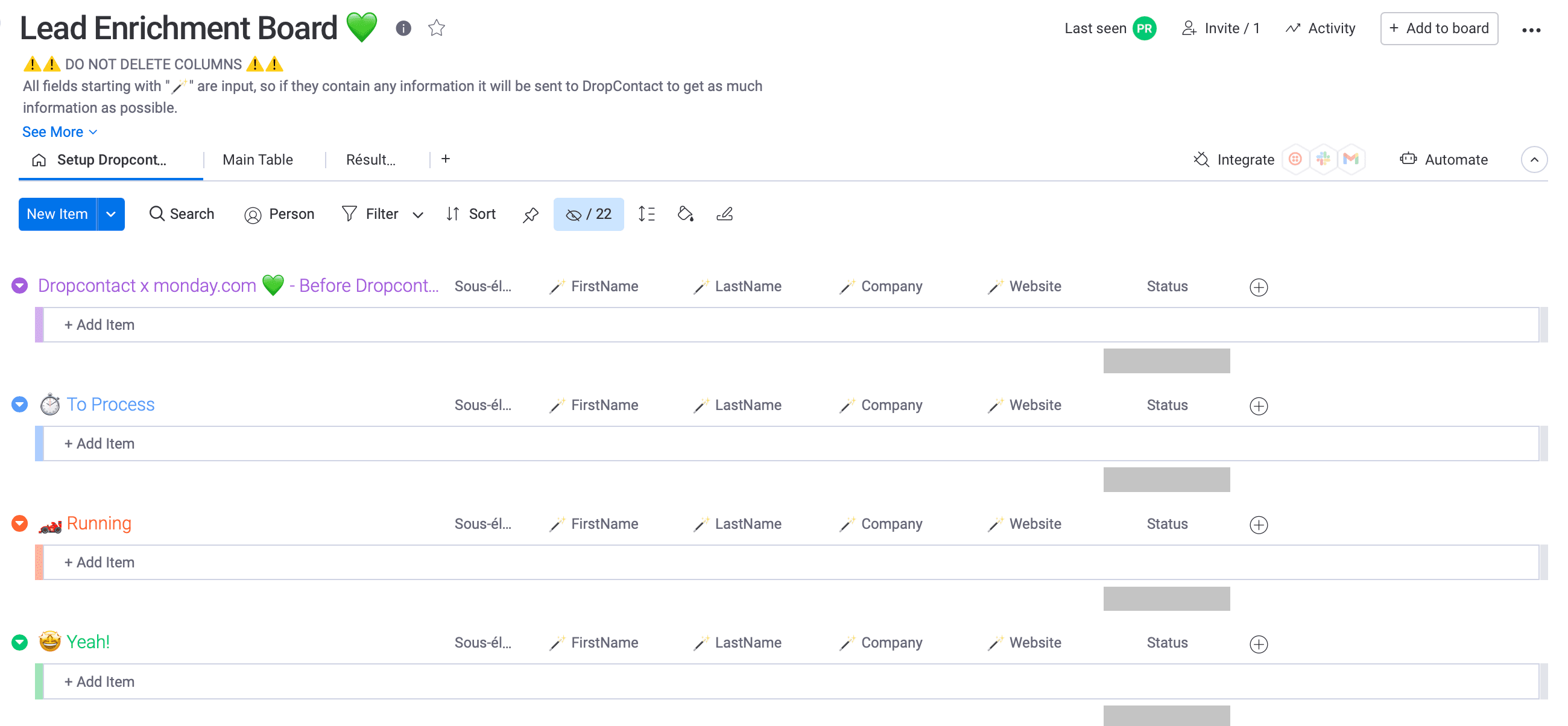 Modèle Dropcontact pour enrichir les contacts professionnels dans Monday