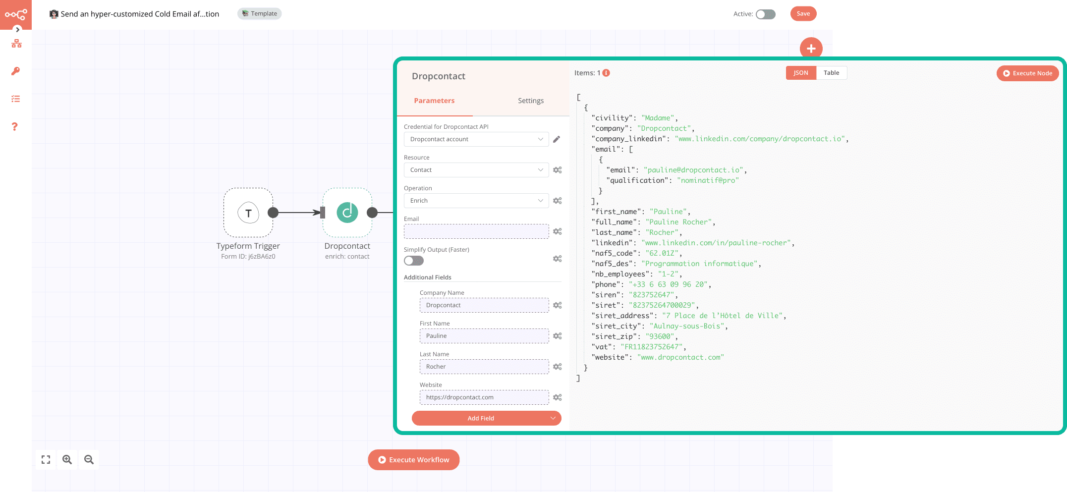Dropcontact node in n8n to enrich and verifiy B2B email addresses
