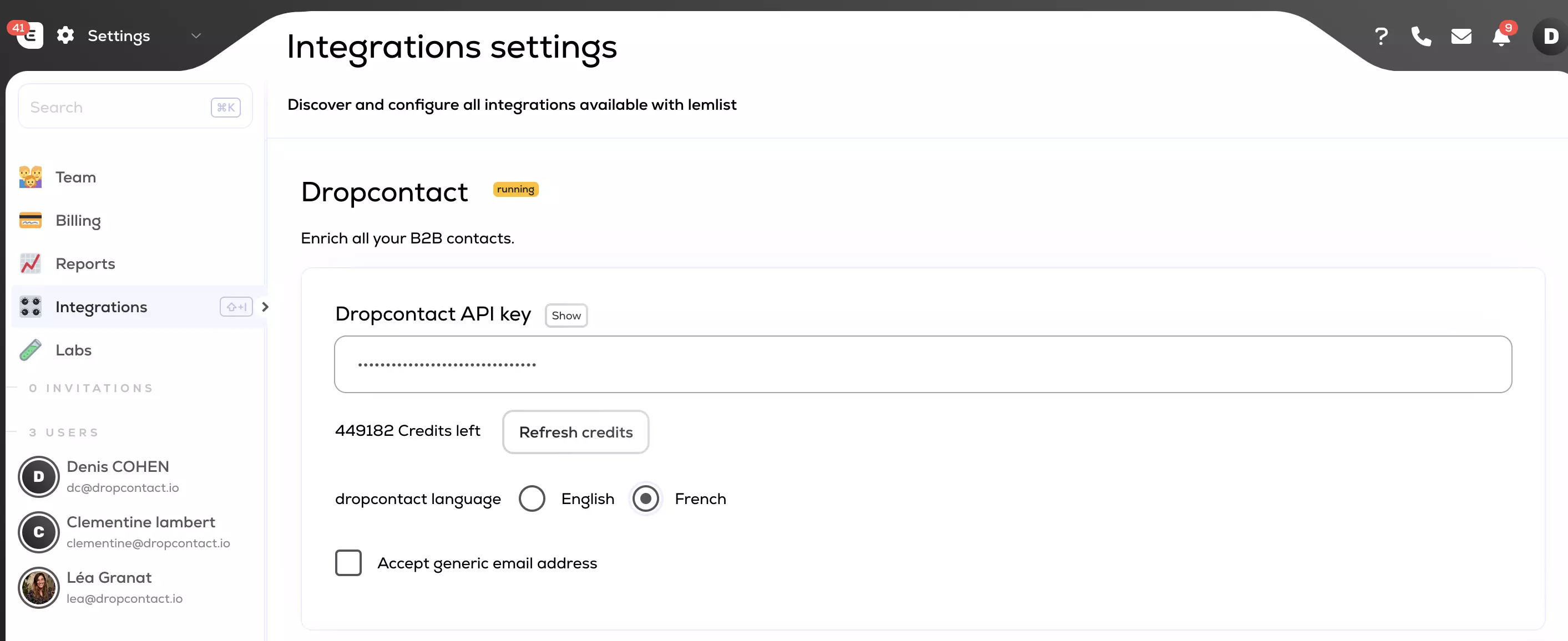 Settings lemlist