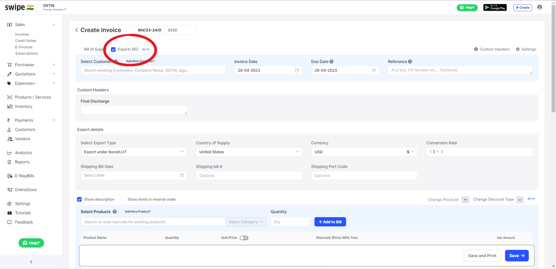 creating-an-export-invoice-on-swipe-all-cases