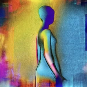 Image generated by Stable Diffusion. Prompt: The vibe queen, landscape, colourful, facing away, abstract