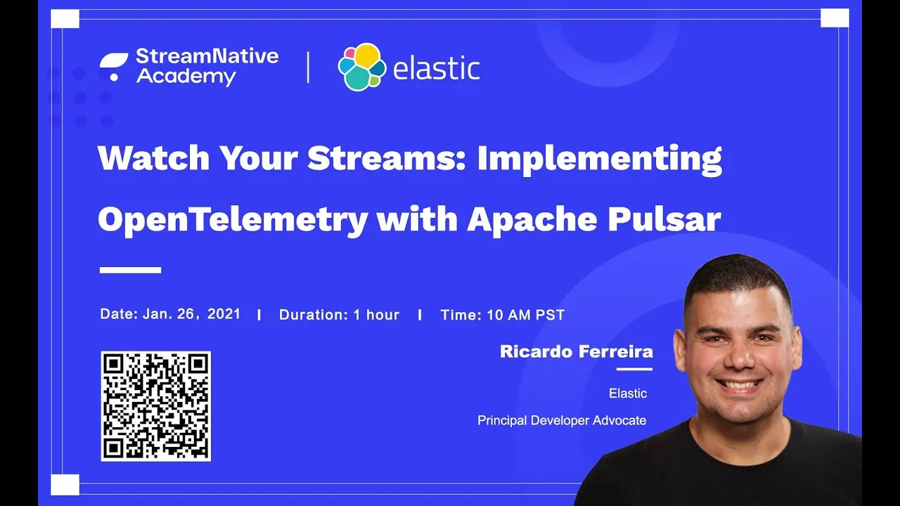 Picture of Ricardo Ferreira with streamnative academy logo and elastic logo