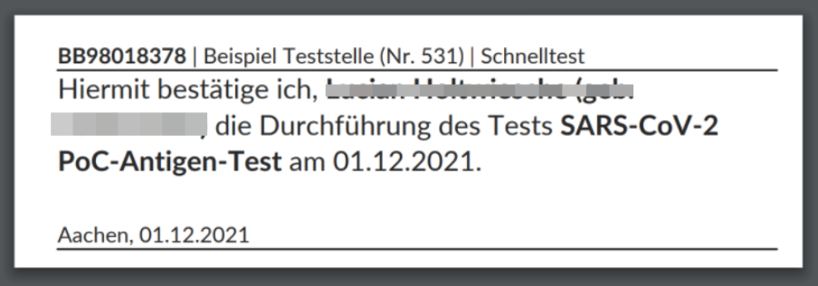 Durchführungsbestätigung eines Tests