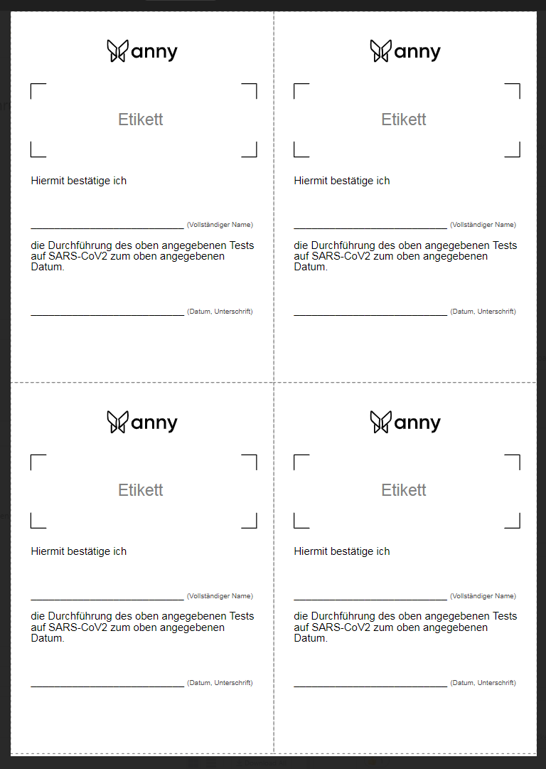 Vorlage zur Bestätigung der Testdurchführung (mit Etikett und Unterschrift)