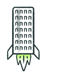 An illustration of a building take off like a rocket.