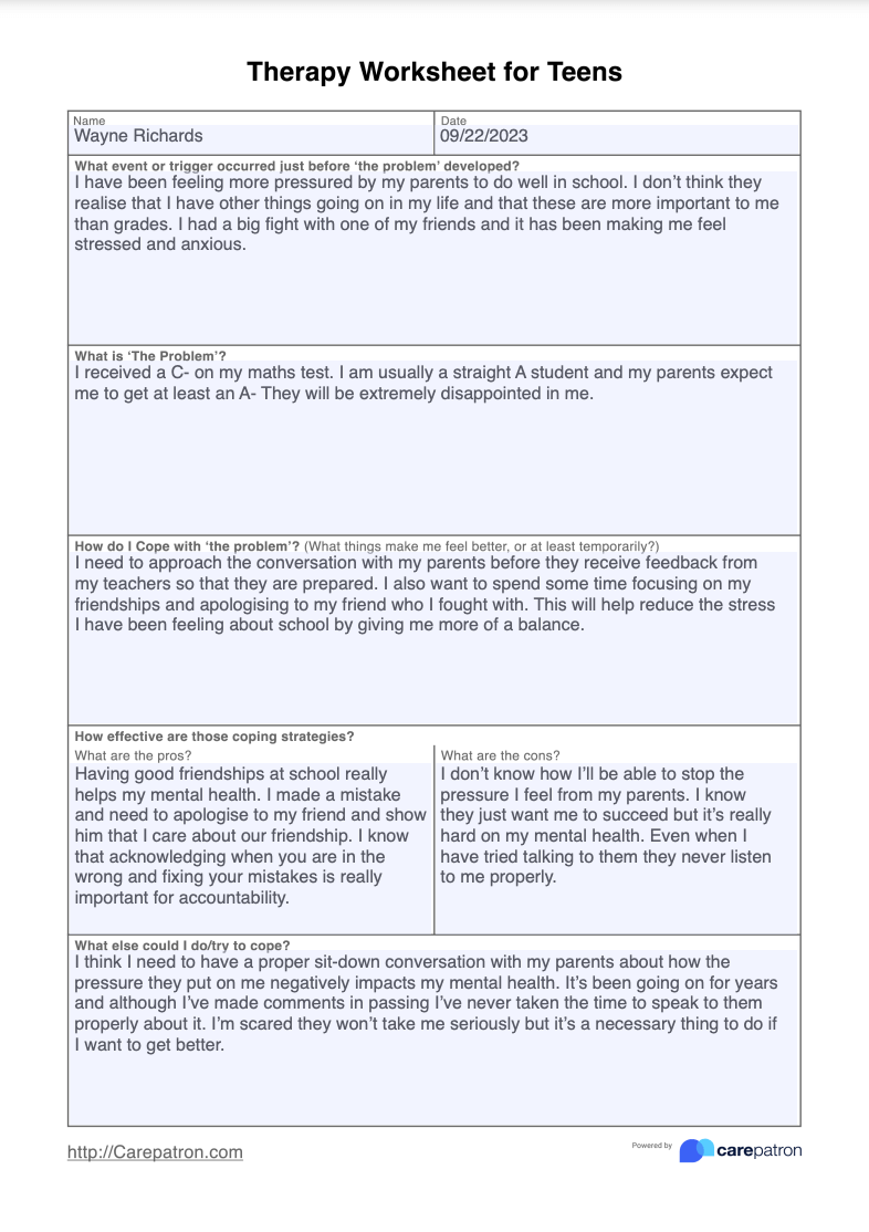 Therapy Worksheets For Teens & Example | Free PDF Download
