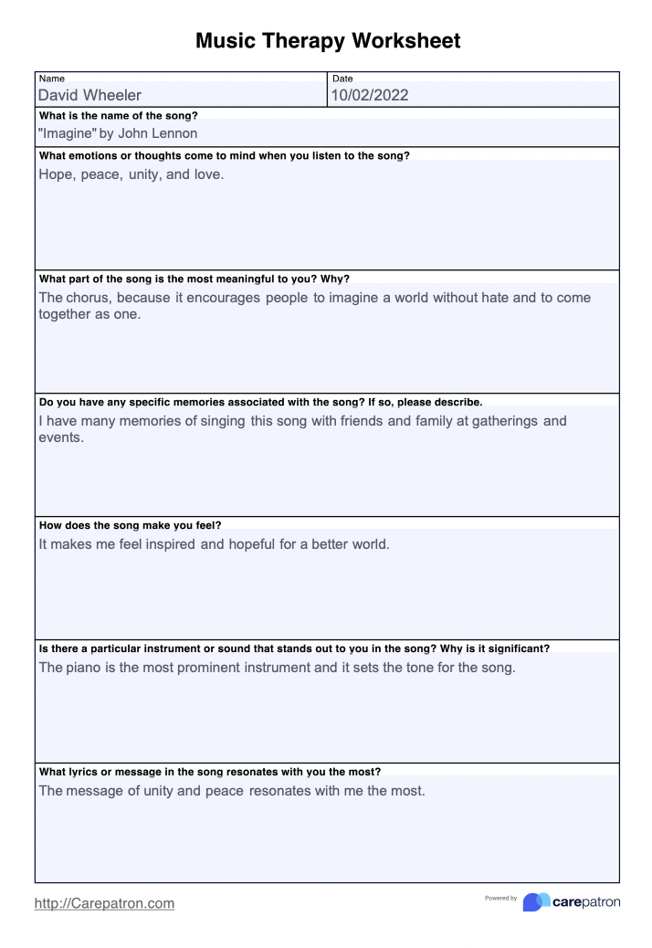 Music Therapy Worksheet & Example | Free PDF Download