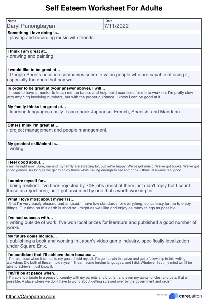 Self-Esteem Worksheet for Adults & Example | Free PDF Download